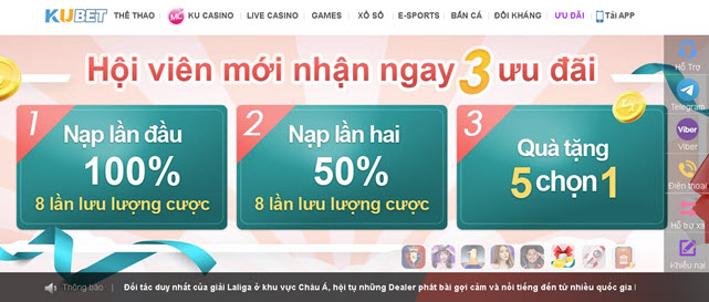 Khuyến mại Kubet 100% nạp tiền